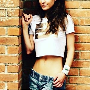 Ennelle Stylish White Crop Top w/ Rose Gold Logo